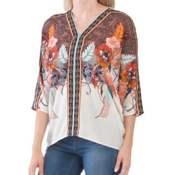 Rose + Olive Cream Multi Boho Floral Dolman 3/4 Sleeve Flowy Blouse Kimono Sz 1X - Picture 2 of 7